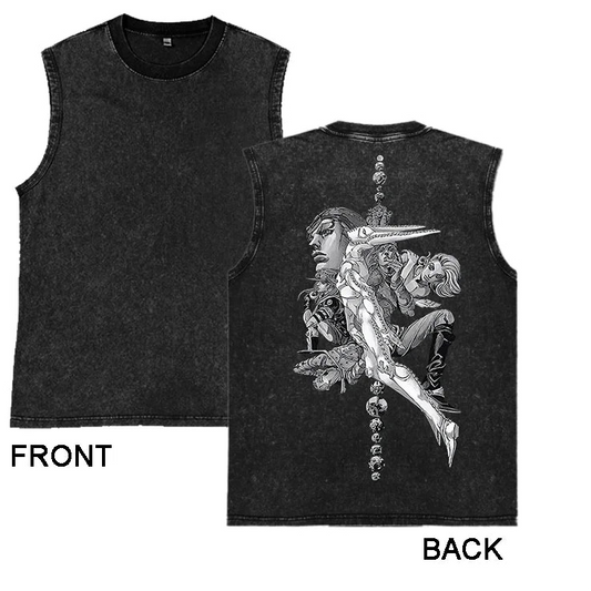 Black sleeveless shirt with front and back designs, labeled '100% Cotton'.